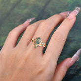The Graceful Hexagon - Cut 6 Prong Natural Moss Agate Engagement Ring